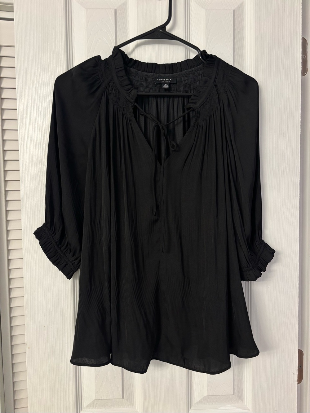 Current Air Black Smocked Tie-Neck Peasant Blouse